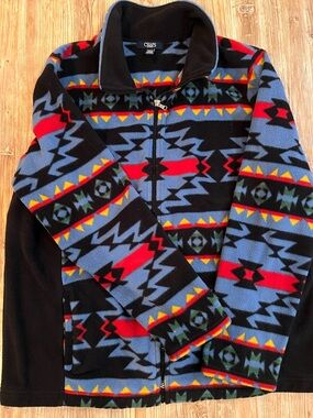 Chaps Multicolor Geometric Fleece Zip Jacket - Black, Blue & Red